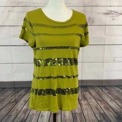 J Crew Tee Shirt Top Womens Medium Green Sequin Basic Sparkle Crew Striped - Image 1 of 4