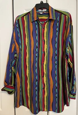 VINTAGE KIKIT MAURICE SASSON 100% SILK MEN'S XL STRIPED SHIRT, EUC - Image 1 of 4