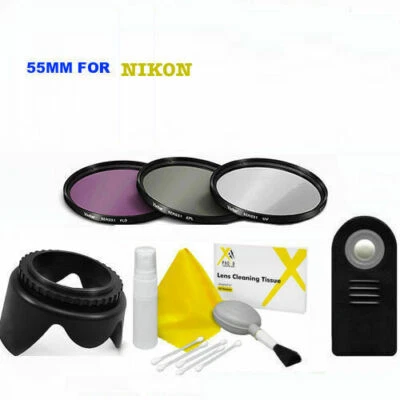55MM HD FILTER KIT UV-CPL-FLD + LENS HOOD + REMOTE FOR NIKON D5600 DIGITAL DSLR  - Image 1 of 4