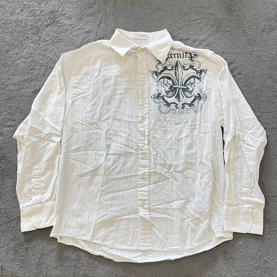Vintage Eighty Eight White Button Up Gothic Print Long Sleeve Shirt Men's Size L - Image 1 of 4