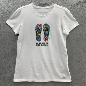 Life Is Good Women M White Take Me To The Ocean Flip Flops Logo Crusher T-shirt - Picture 1 of 13