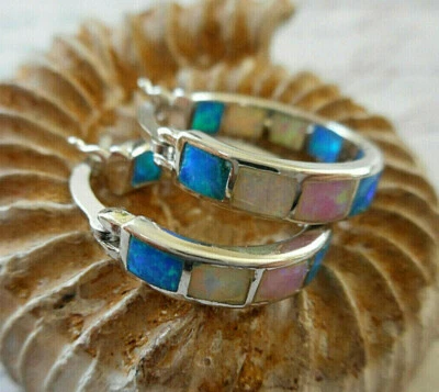 Sterling Inlay Pink Blue White Lab Created Opal 5/8" Hoop Earrings   08-PA1 - Image 1 of 4