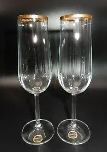 SET OF 2 VINTAGE STYLESETTER BOHEMIA CRYSTAL "ROMY" 24K GOLD RIMMED 8 OZ FLUTES - Picture 1 of 10