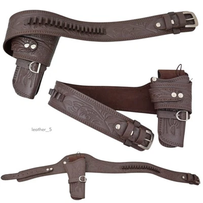 Cowboy Western Gun Holster Belt Brown Genuine Embossed Leather – Pistol Revolver - Image 1 of 4