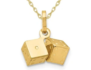 14K Yellow Gold Lucky Dice Charm Pendant with Chain - Picture 1 of 4