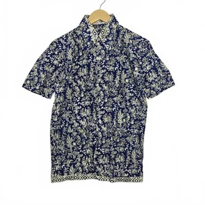 Vintage Batik Shirt Mens S Short Sleeve Button Up Blue White Pattern 1970s - Imagen 1 de 9