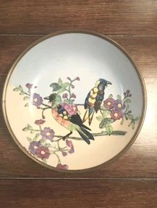 Ciotola porcellana dipinta a mano con fondo ottone anni 70 uccellino floreale chinoiserie colorata - Foto 1 di 5