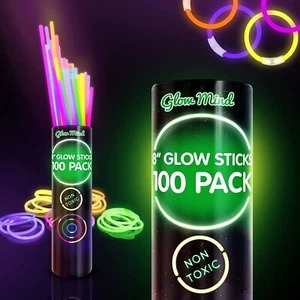 100 Glow Mind Glow Sticks Glow in The Dark Fun Party Pack with 8" Party Supplies - Picture 1 of 7