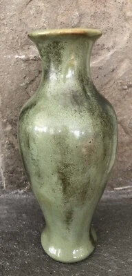 ANTIQUE FULPER GREEN GLAZE TALL VASE BLACK RACETRACK MARK - Image 1 of 4