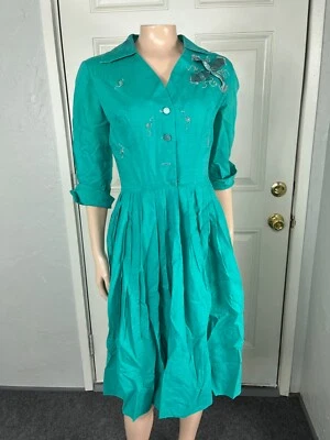 Vintage 50s Dress Women's Button Pleated Beaded Satin Bow Rayon Blue Q3-27 - Image 1 of 4