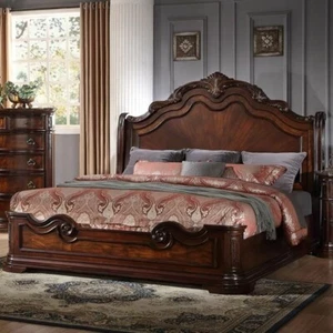 Traditional Solid Wood Eastern King Size Bed Frame with Carvings, Walnut Finish - Picture 1 of 6