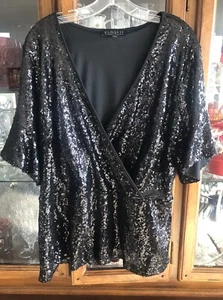 Eloquii Black Peplum Top Sequin Women’s Plus Size 18 solid bell s/s v-neck EUC - Picture 1 of 10