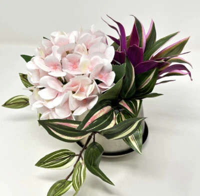 7" Artificial Purple TRADESCANTIA & Pink HYDRANGEA Silk flower potted plants in - Image 1 of 4