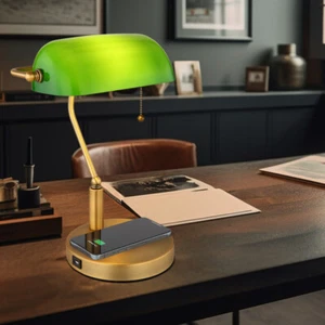 Bankerlampe Schreibtischlampe Tischlampe altmessing Glas kabelloses Laden H 36cm - Bild 1 von 12