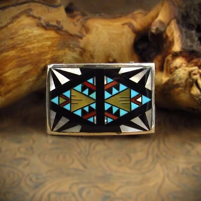 Navajo Sterling Silver Multi Stone Inlay Belt Buckle By Peterson Chee - Image 1 of 4