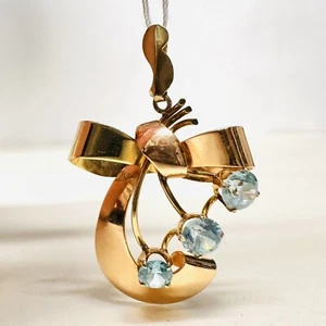 Vintage Circa 1945 10k Rose & Yellow Gold Blue Zircon Bow Dangle Pendant - Picture 1 of 9