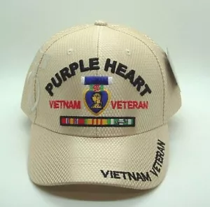 Purple Heart Vietnam Beige Shine Micro Mesh Military Embroidered Ball Cap/Hat. - Picture 1 of 3