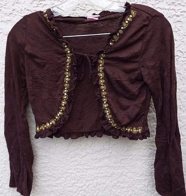 Xhilaration 女孩棕色和金色刺绣设计长袖绑带上衣 M — 第 1/4 张图片