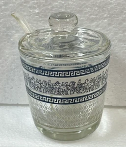 Patrician Jeanette Glass Roman Greek Chariot Jam Sugar Jar Bowl Blue Condiment - Picture 1 of 11