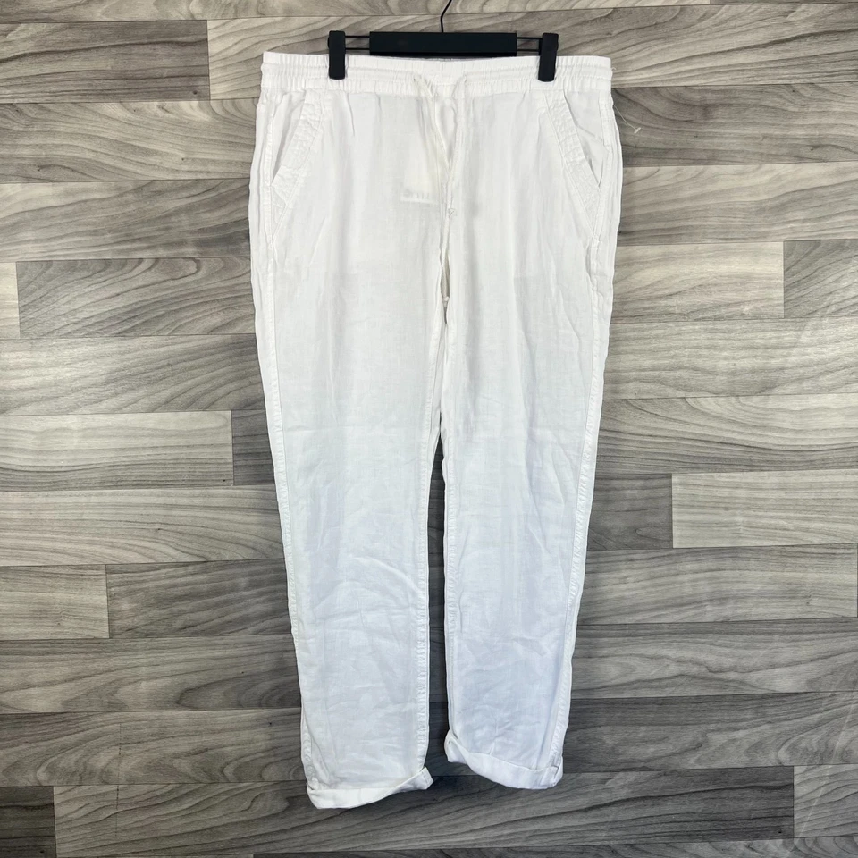 Pantalones de lino Stylus para mujer medianos blancos pierna recta cordón cintura preppy Foto 1 de 4