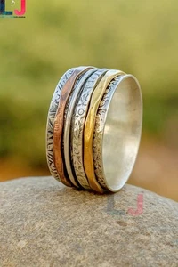 Designer Handmade Sterling Silver Spinner Ring Anxiety Fidget Meditation Ring - Picture 1 of 2