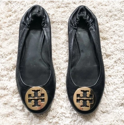 TORY BURCH Reva Ballet Flats Size 8M Black Women Shoes Classic Medallion Leather - Imagem 1 de 4