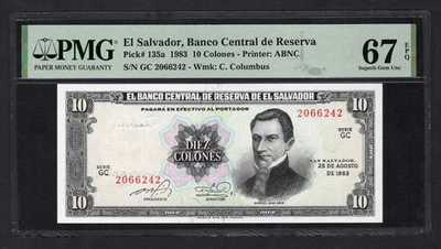 El Salvador 10 Colones 25-8-1983 P135a Sin Circular Grado 67 Top Pop Foto 1 de 2