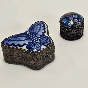 Set Of 2 Vintage Porcelain Butterfly & Millefiori Glass Silver Trinket Box Set - Picture 1 of 17