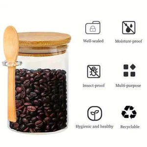 Glass Jars with Bamboo Lids and Bamboo Spoons, 11 oz Pack of 4. - Picture 1 of 4