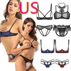 Durchsichtiges transparentes Netz-Dessous-BH-Oberteil und Slip ohne Schritt Unterwäsche für Damen - Bild 1 von 36