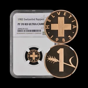 SWITZERLAND. 1983, 1 Rappen - NGC PF70 - Top Pop🥇 Swiss Cross, Wheat Spike RARE - Picture 1 of 6