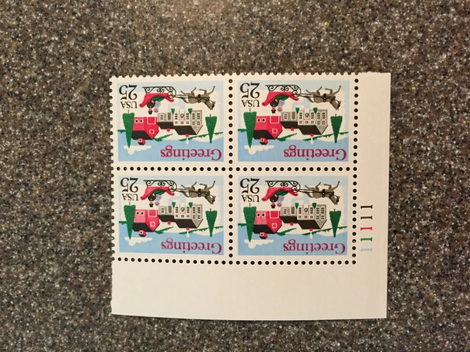 Scott 2400, $.25, Christmas Horse & Sleigh Village, 1988, PB4, PL#1111, MNH - Image 1 of 1