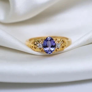 Natürlicher Tansanit und weißer Zirkon Edelstein Sterlingsilber vergoldet Ring - Bild 1 von 7