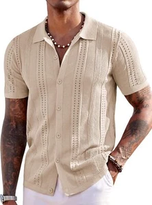 Men's Short Sleeve Button Down Polo Shirt - Knit Fabric Casual Summer Beach Tops - Picture 1 of 64