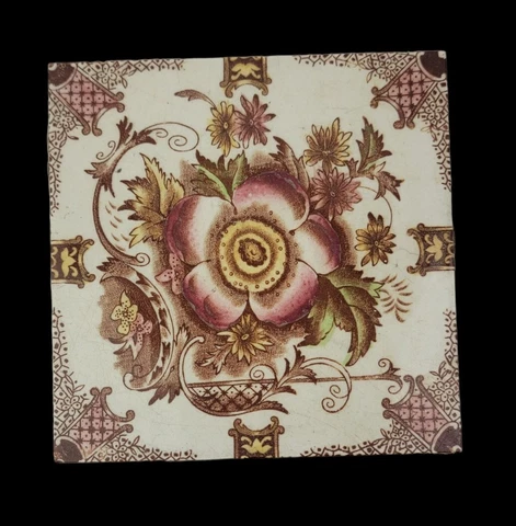 Antique 1880s English Colorful Transferware Floral Tile Cover