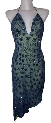 Vtg 90s Womens Green Silk Beaded Floral Whimsigoth Witchy Grunge Slip Dress Sz S - Image 1 of 4