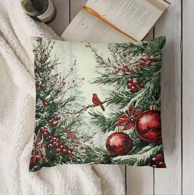 Funda Almohada NAVIDAD CARDENAL Y ACEBO Vacaciones Lino 18 x 18 Foto 1 de 4