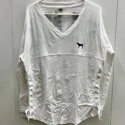 Pink Women's Long sleeve V-Neck T-Shirt White Tie details/embroidery SIze L - Image 1 of 4