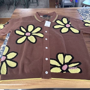 MENS XXL WOMENS XL WESC Button Up Cardigan Brown Yellow Flowers - Picture 1 of 10