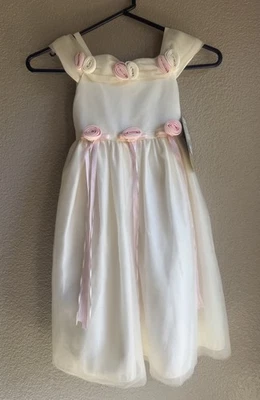 Party Dress Girls Cinderella VTG Off Wide Shoulder Rosette Layered White Pink 6 - Image 1 of 4