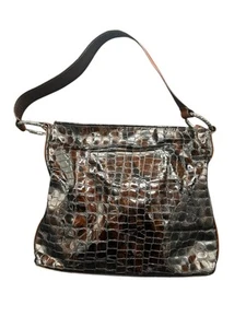 Brighton Shoulder Handbag Cher Collect Patent Leather Croc Embossed Large Brown - Picture 1 of 13