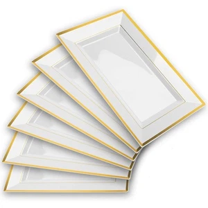 - Elegant Plastic Serving Tray & Platter Set (6pk) - White & Gold Rim Disposa... - Picture 1 of 8