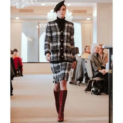 Carlisle Collection Wool Tweed Fringe Jacket Skirt Suit Black White 4 EUC - Image 1 of 4