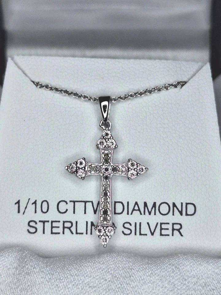 Collar Cruz Con Diamantes Naturales Reales 1/10 Ct.t.w Mujer Hombre Cadena Cruzada  Foto 1 de 4