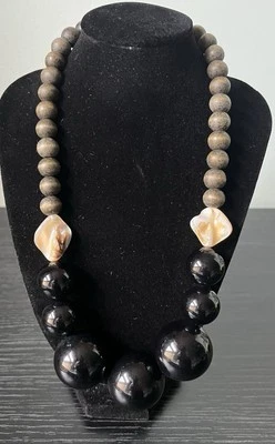 Adjustable Acrylic, Wood And Mother Of Pearl Beaded Necklace - Image 1 of 4
