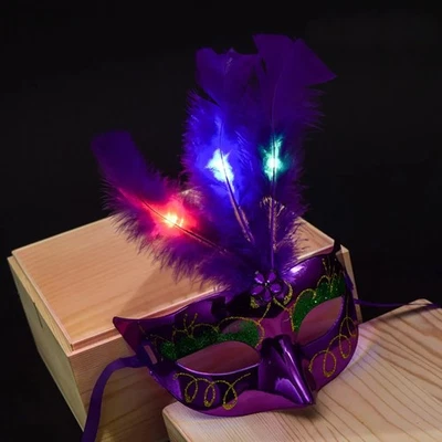 Mardi Gras Halloween Feathered  LED Masks  Glowing Party Masquerade Rave Mask - Image 1 of 4