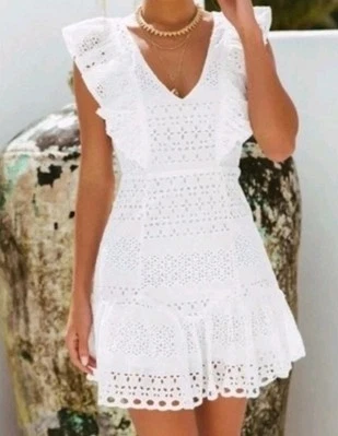 Mini Vestido GB Blanco Ojales Completamente Forrado Estilo V Para Mujer Talla Grande  Foto 1 de 4