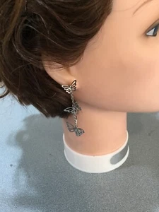 silvertone hanging Butterflies  Stud Earrings 2" FREE SHIPPING - Picture 1 of 3