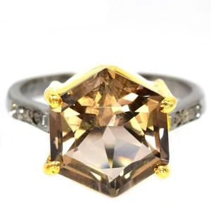 ANELLO ARGENTO 925 QUARZO FUMÈ NATURALE AAA TAGLIO ESAGONO BICOLORE MISURA 8,75 - Foto 1 di 10