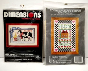 Two Vtg 80s Counted Cross Stitch Kits "Farm Friends" "Welcome Friends" Both 5x7 - Picture 1 of 7